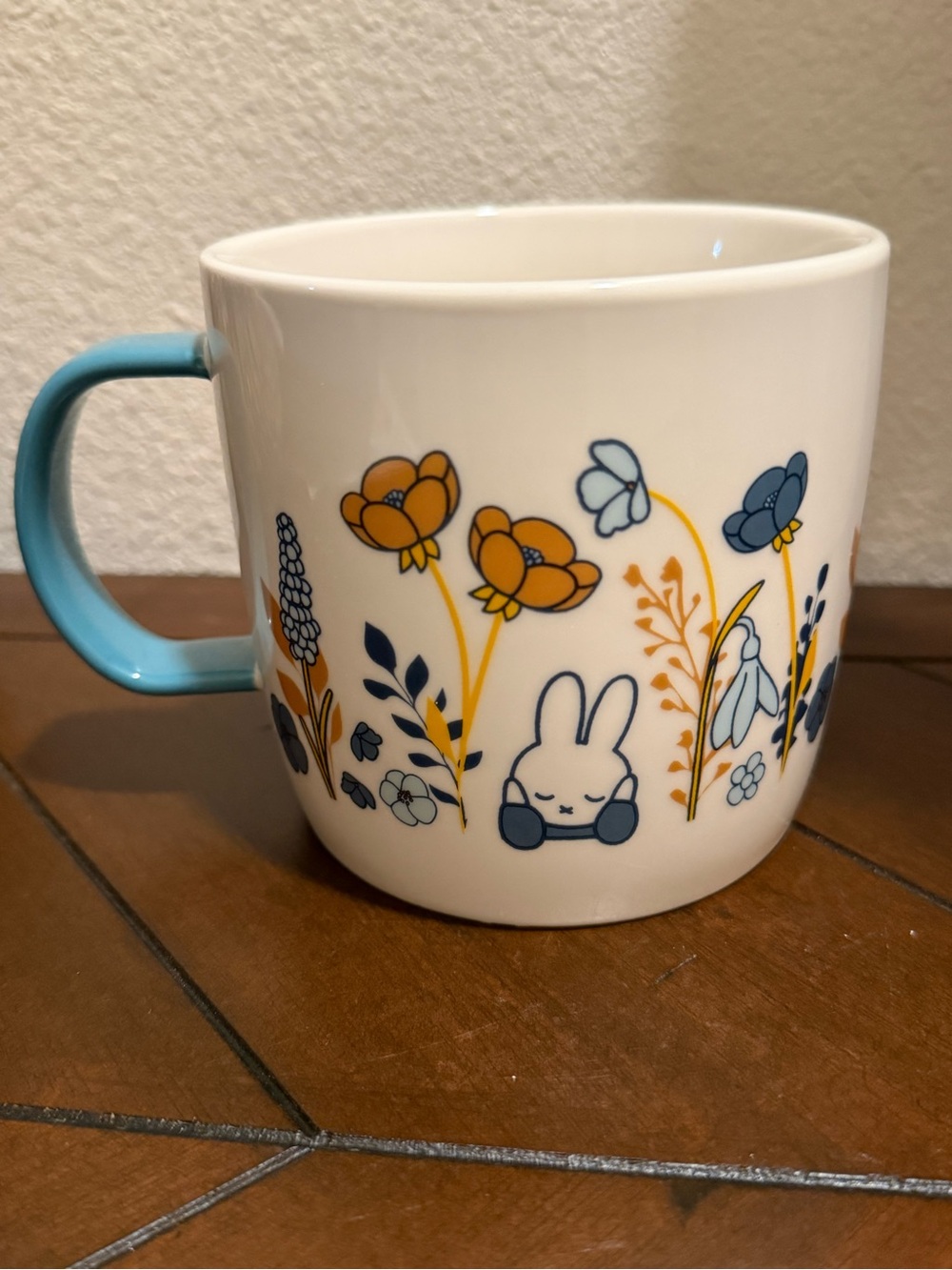 Miffy White & Blue Ceramic Mug with Light Blue Handle & Floral Pattern- NEW